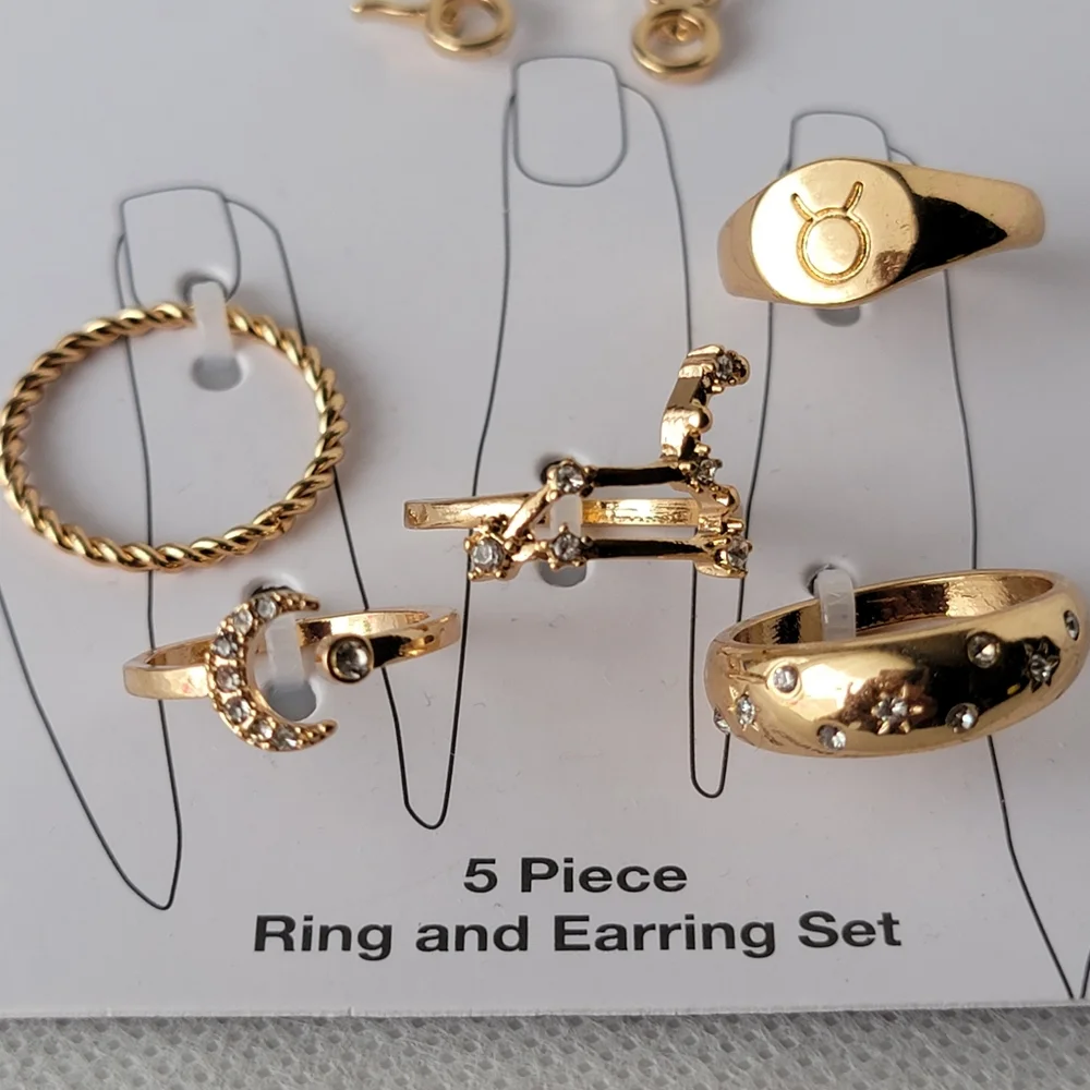 Taurus Zodiac 5 Piece Ring and Earring Set